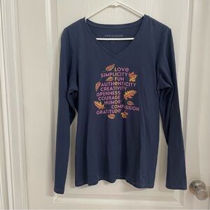 Life Is Good Blue Long Sleeve V-Neck Fall Leaves CRUSHER Tee Size M